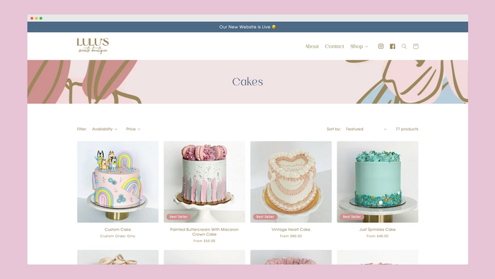 Screenshot of new website, cake collection page