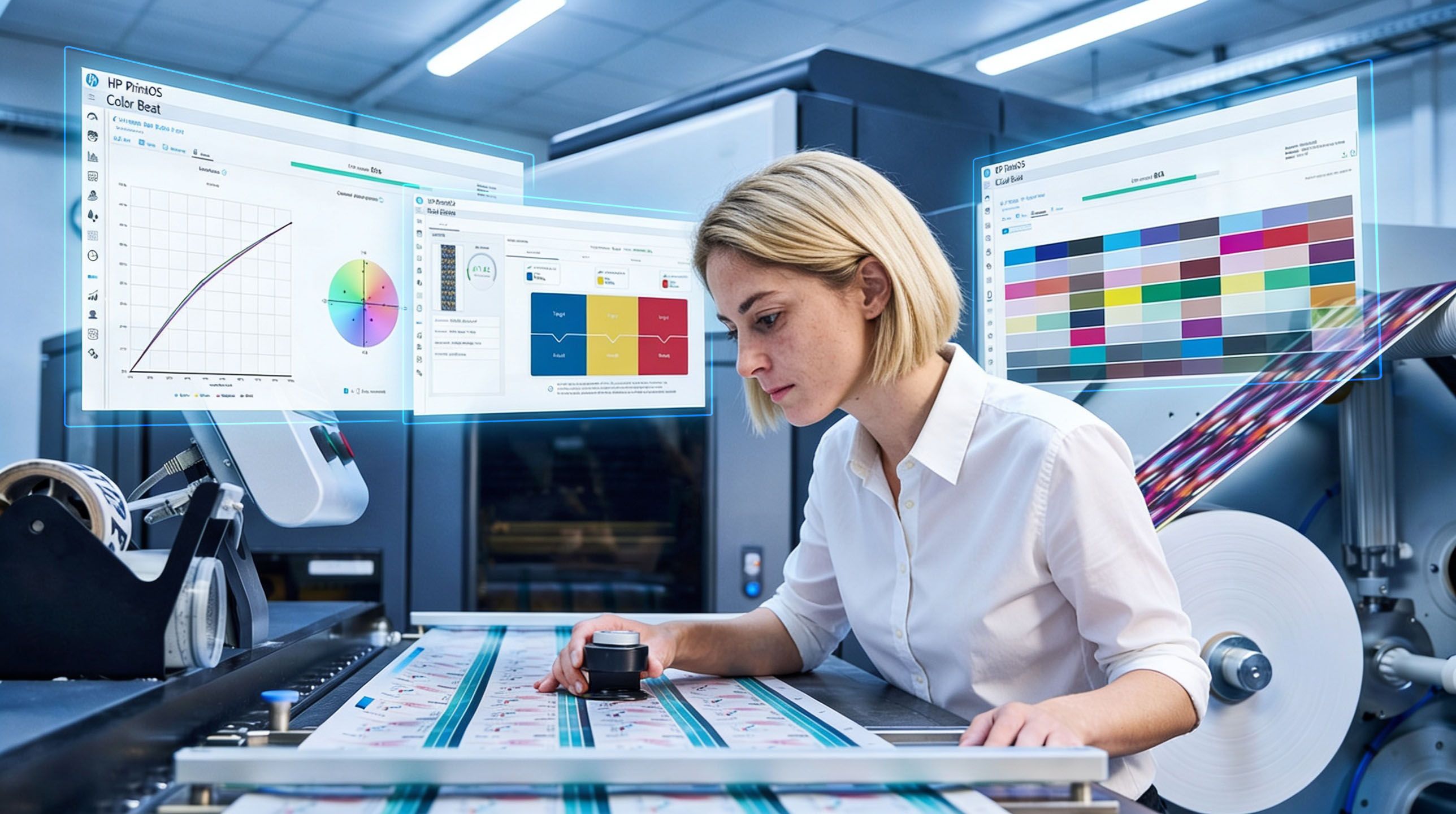 Técnica revisando la calidad de impresión en una prensa digital