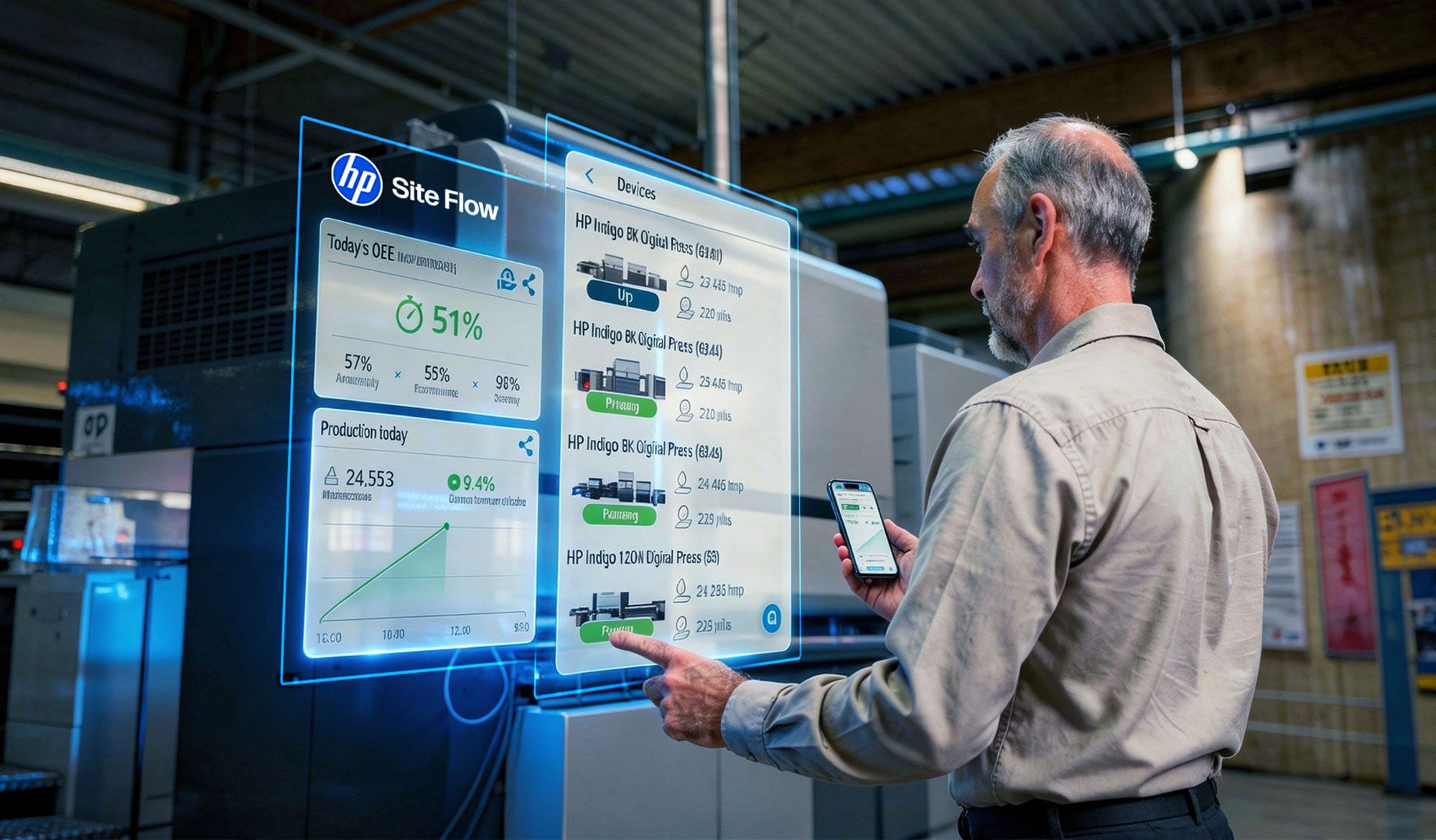 Operario consultando HP Site Flow en una planta de impresión
