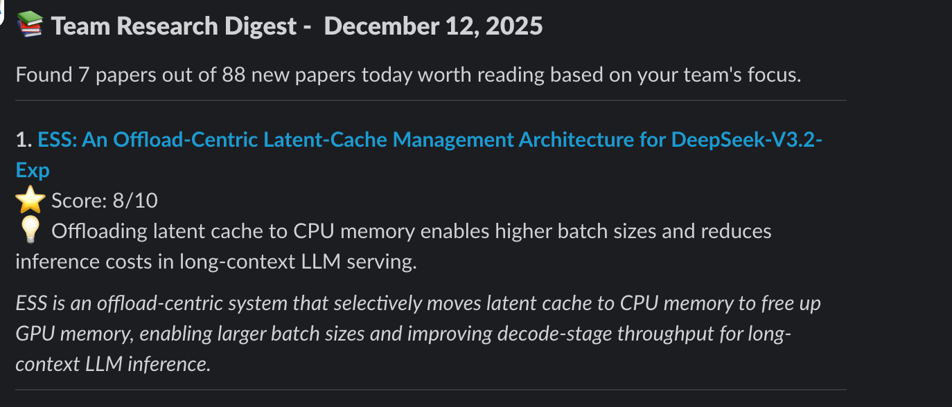 Slack message showing research digest with paper recommendations
