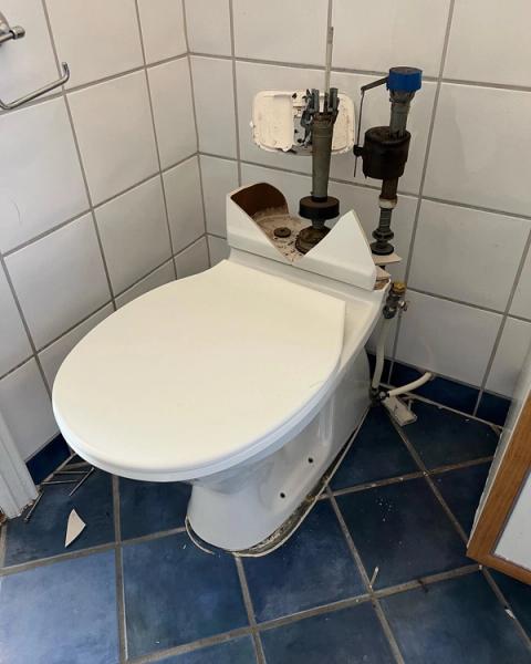 Bildet viser en knust toalett.