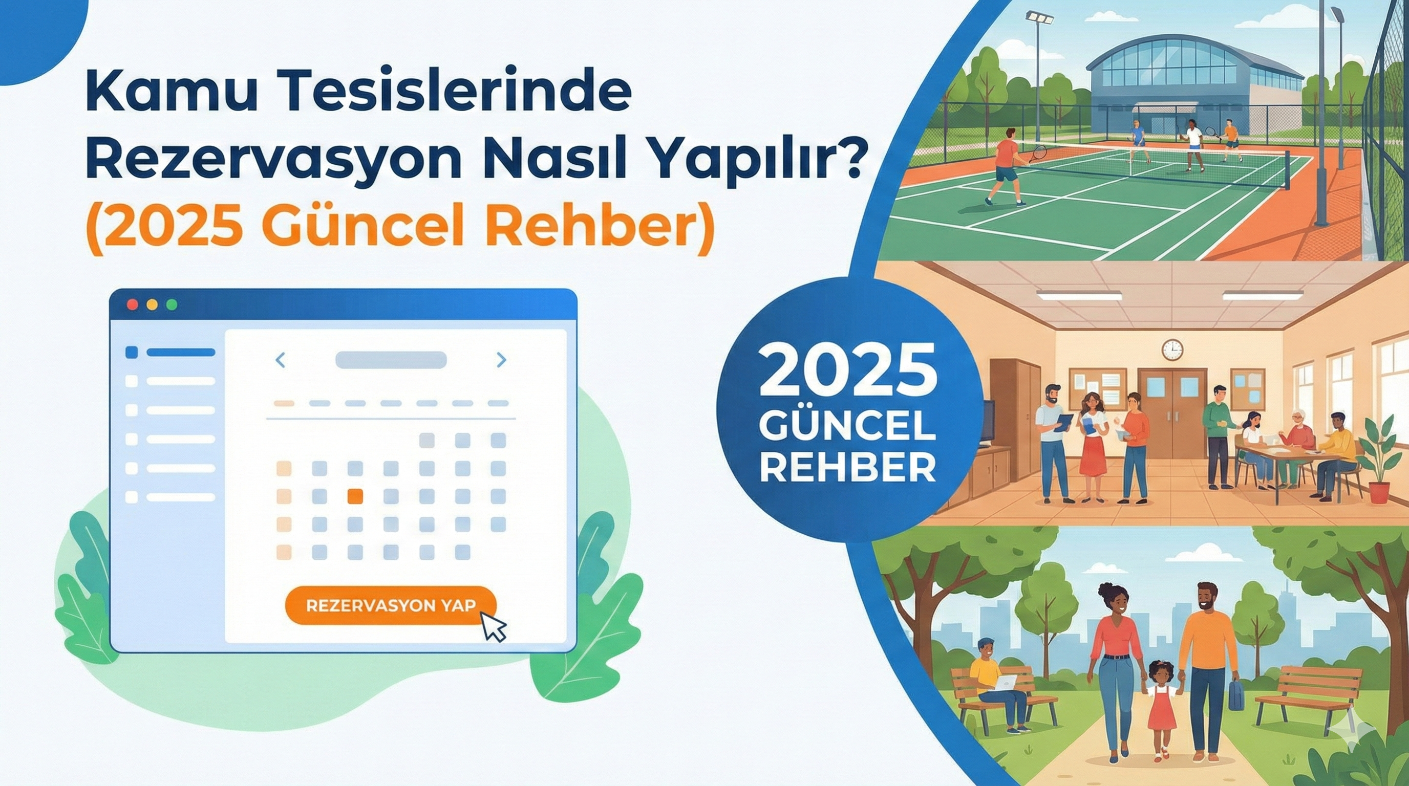 Kamu Tesislerinde Rezervasyon Nasıl Yapılır? (2025 Güncel Rehber) başlıklı blog yazısı kapağı. Online rezervasyon takvimi arayüzü ile tenis kortu, kütüphane ve park gibi kamu alanlarını gösteren illüstrasyonları içerir.