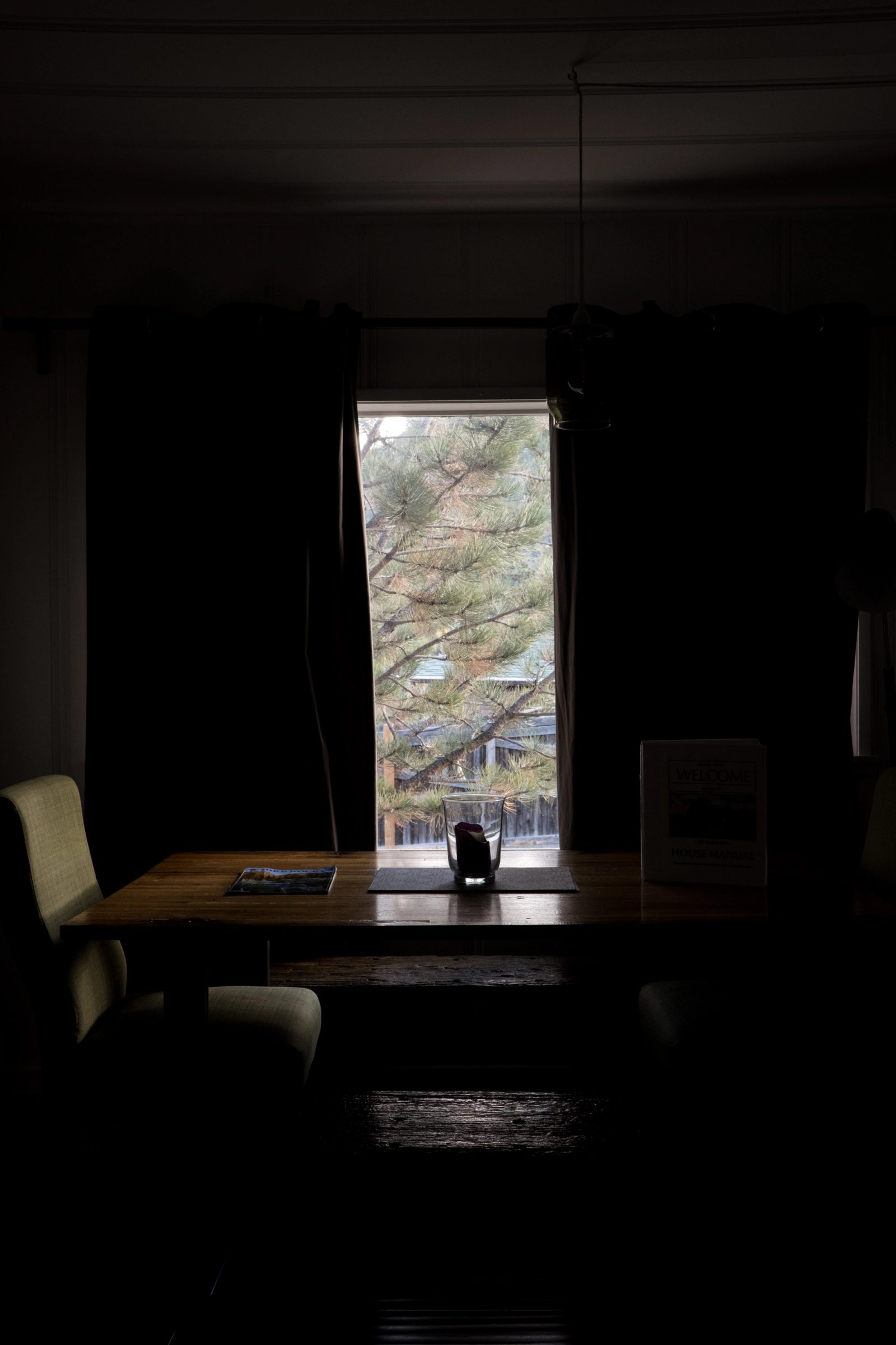 A dark interior room with a wooden table and chairs illuminated by natural light streaming through a window that frames a view of a pine tree outside.