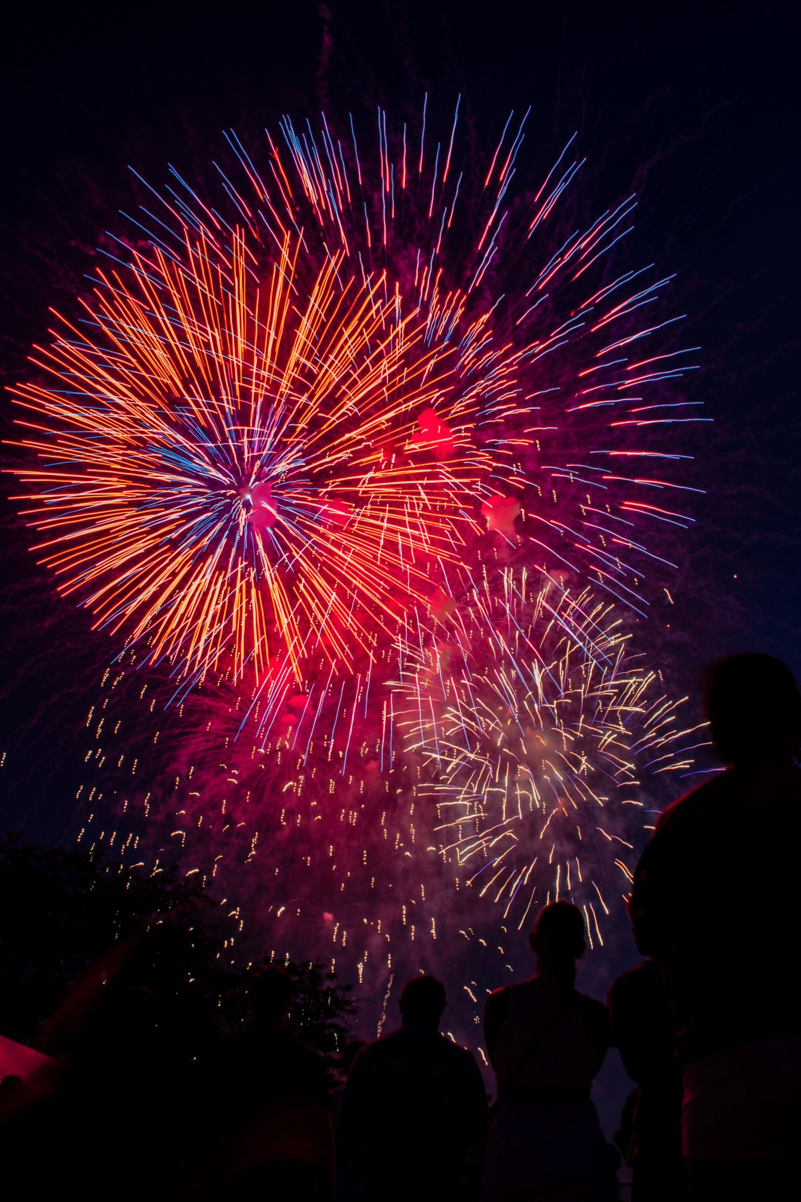 Fireworks exploding in red, orange, pink, and white streaks against a dark night sky with silhouetted crowd visible at the bottom.