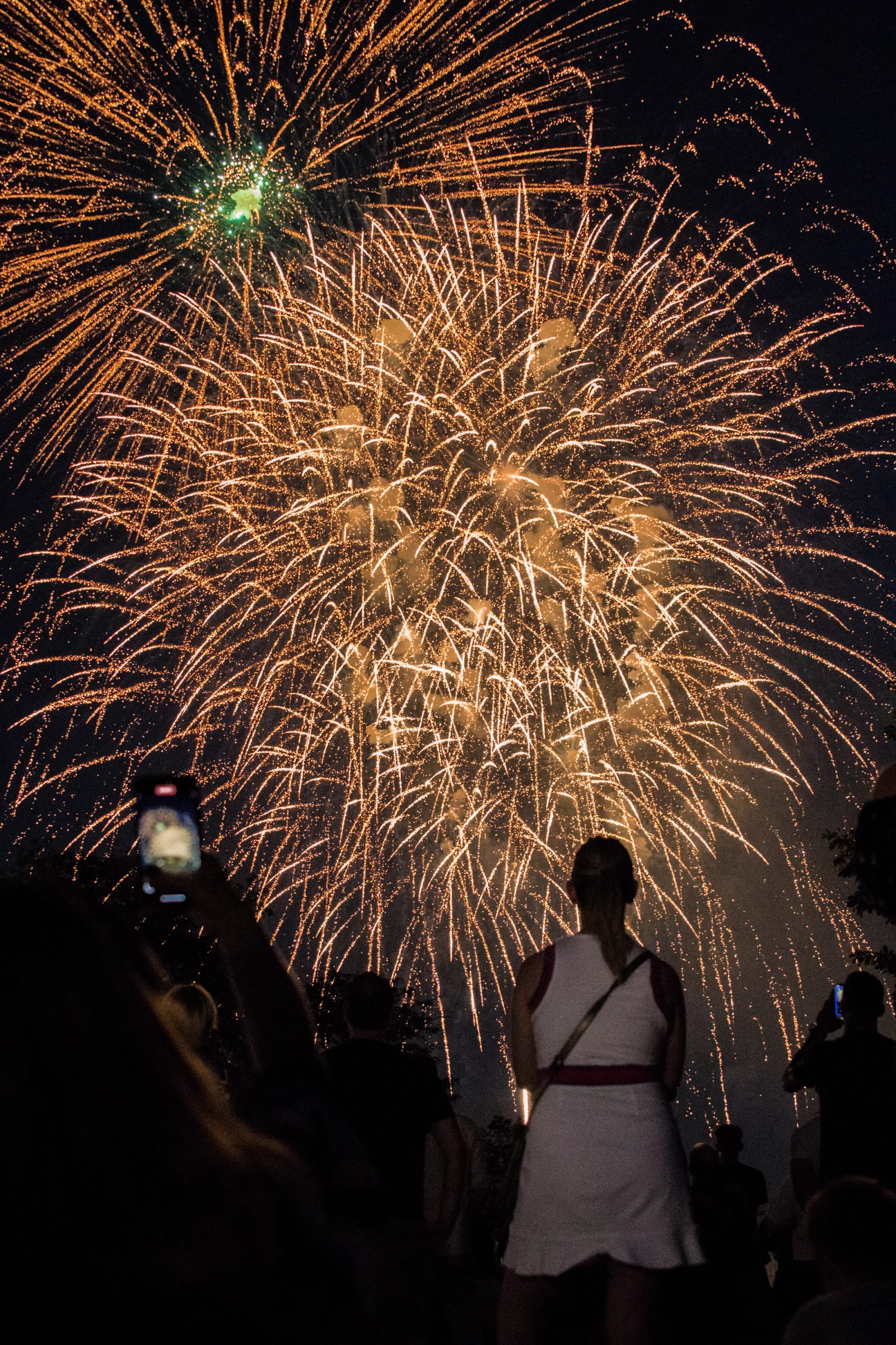 Three people in silhouette watch golden and orange fireworks exploding in the night sky.