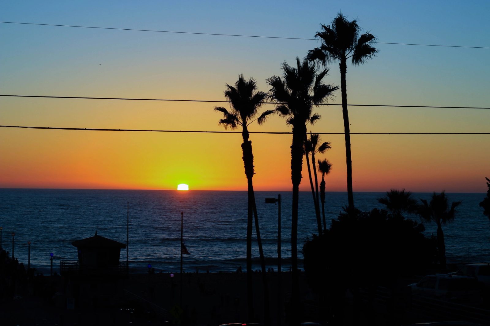 A sunset over the ocean with silhouetted palm trees in the foreground and power lines crossing horizontally through the frame.
