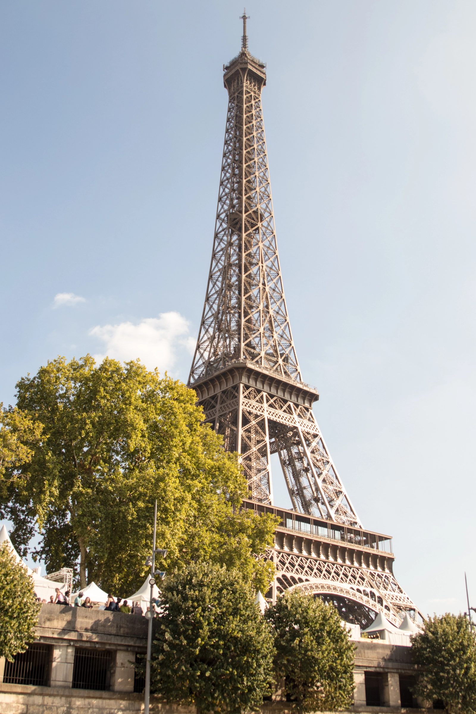 The Eiffel Tower photographed from below with lush green trees in the foreground against a pale blue sky.