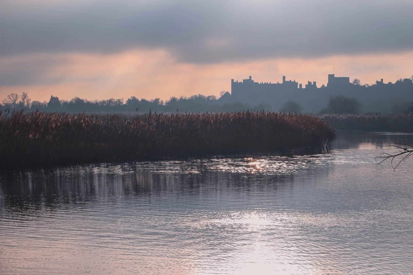 A castle silhouette rises beyond reeds and a calm lake at dawn, with overcast skies showing soft pink light and mist clinging to the landscape.