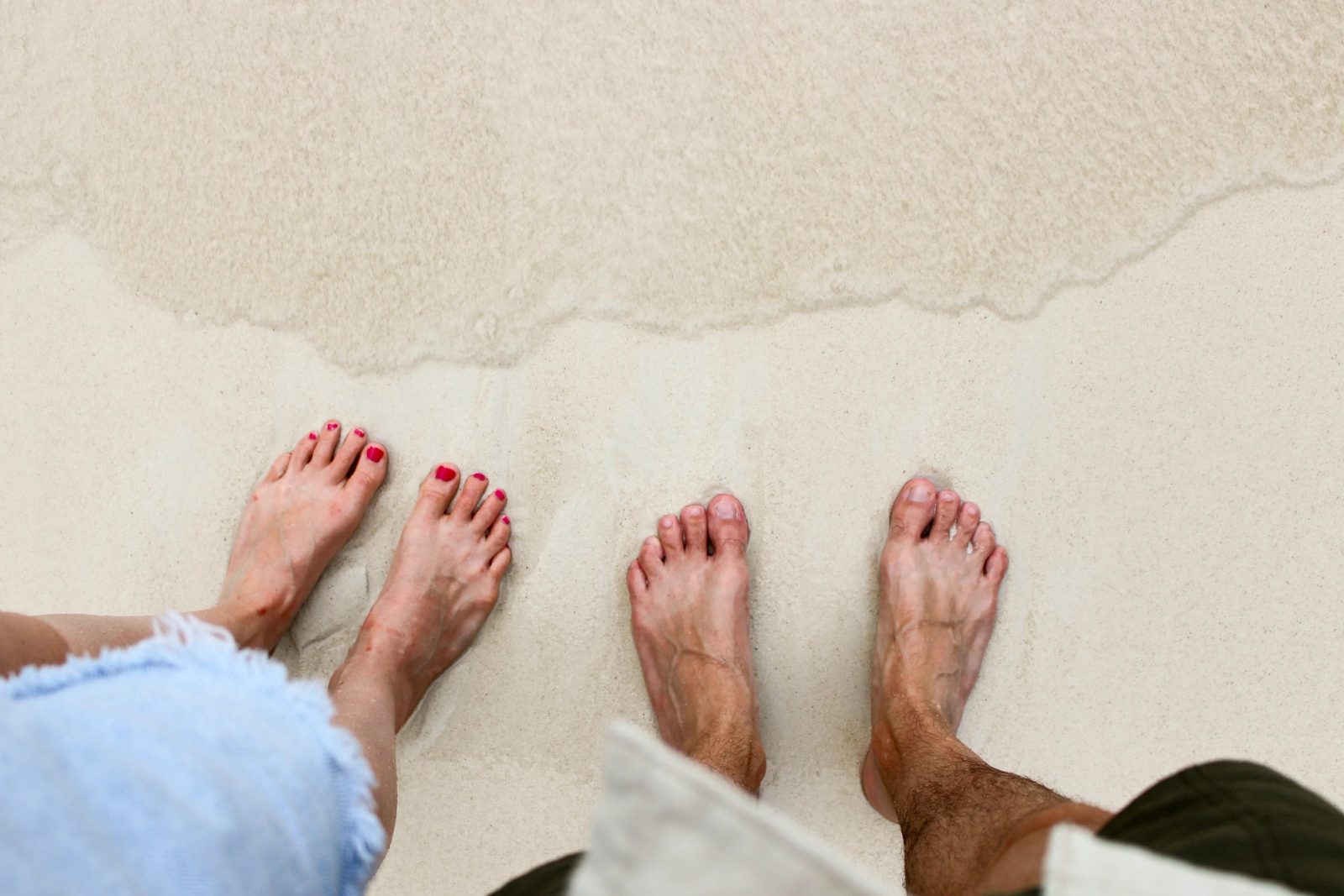 An overhead photograph showing two pairs of bare feet standing in shallow water on wet sand with seafoam at the shoreline.
