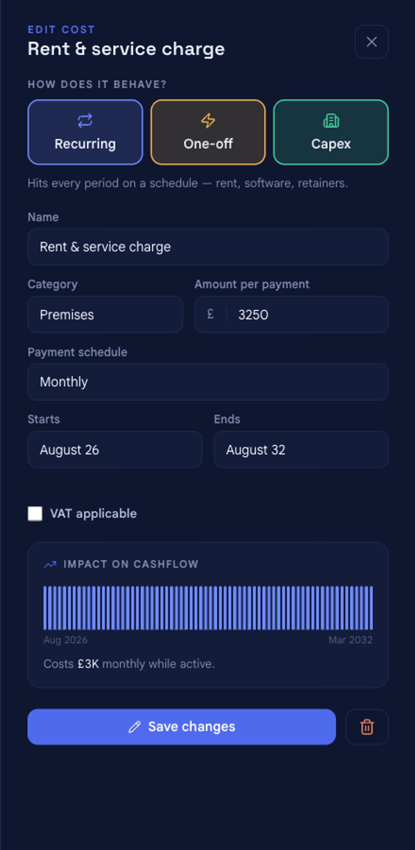 The cost panel reopened in EDIT COST mode for an existing 