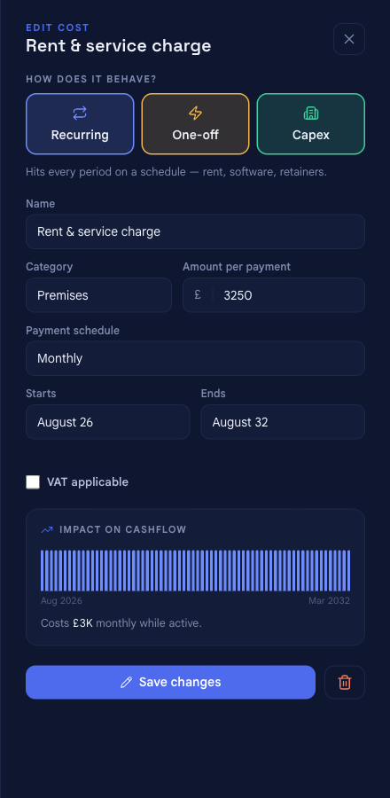 The cost panel reopened in EDIT COST mode for an existing