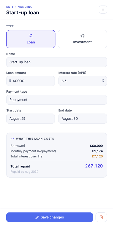 The financing panel reopened in EDIT FINANCING mode for an existing Start-up loan, with its values filled in, a Save changes button, and a delete (trash) button beside it.