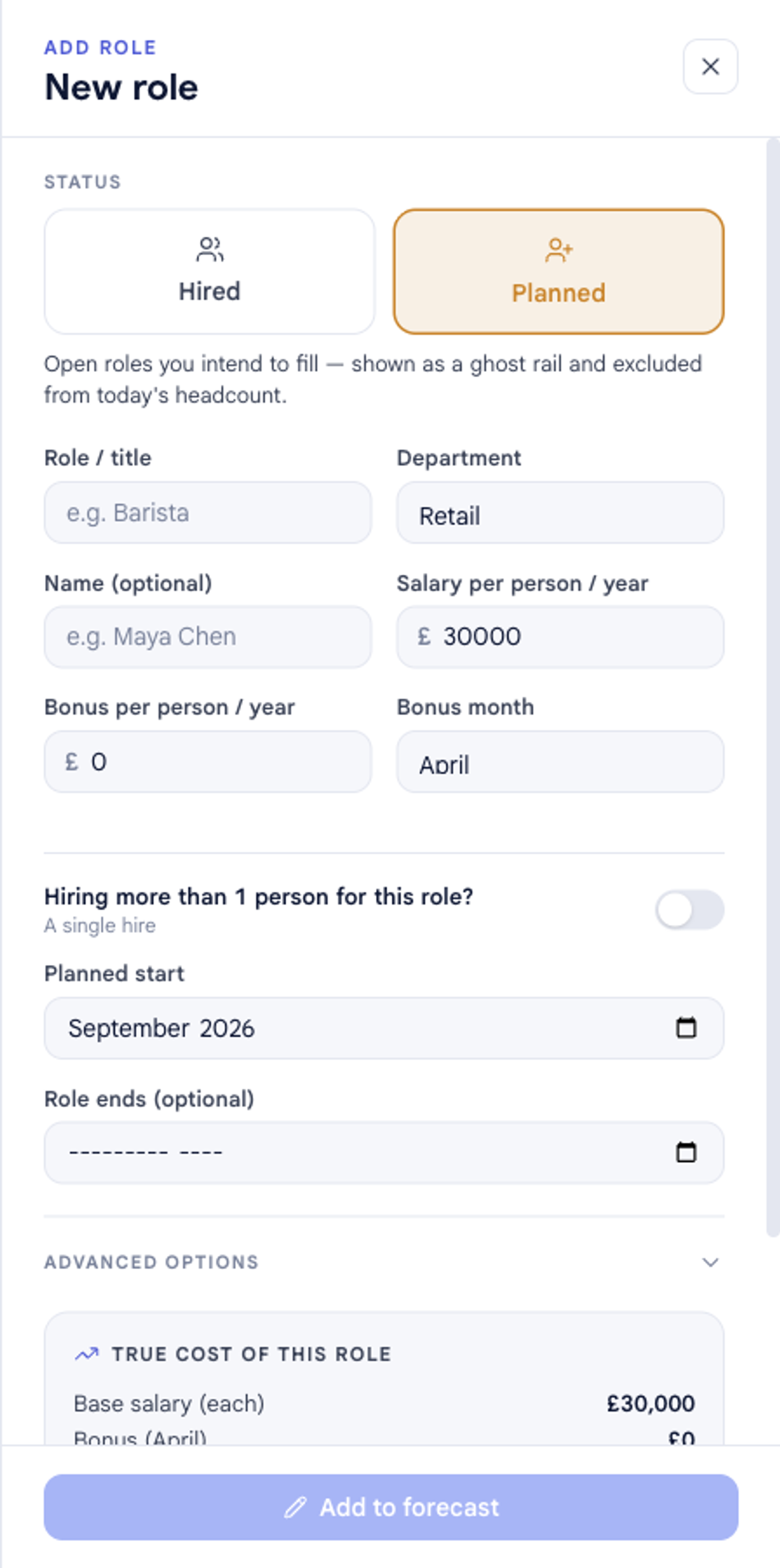 The Add role panel in bluprnts with the status set to Hired, and fields for role or title, department, name, salary, bonus, hiring schedule and start date.