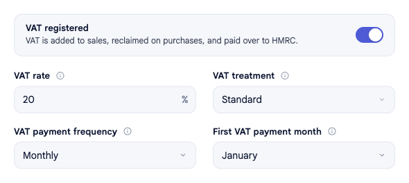 The VAT band of the Tax section in Company options, with VAT registered switched on and the VAT rate, VAT treatment, VAT payment frequency and first VAT payment month fields for Perch Coffee: 20%, Standard, Quarterly, March.
