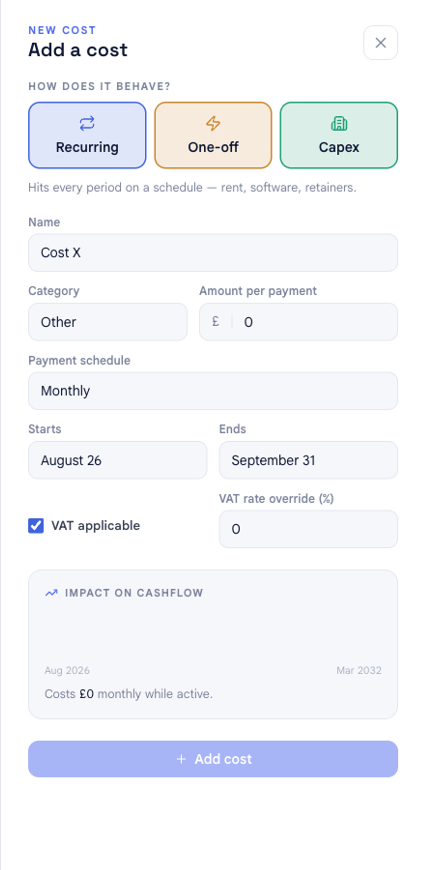 The Add a cost panel in bluprnts, open on the Recurring behaviour, with fields for name, category, amount per payment, payment schedule, start and end dates, and VAT.