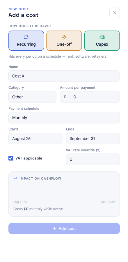 The Add a cost panel in bluprnts, open on the Recurring behaviour, with fields for name, category, amount per payment, payment schedule, start and end dates, and VAT.