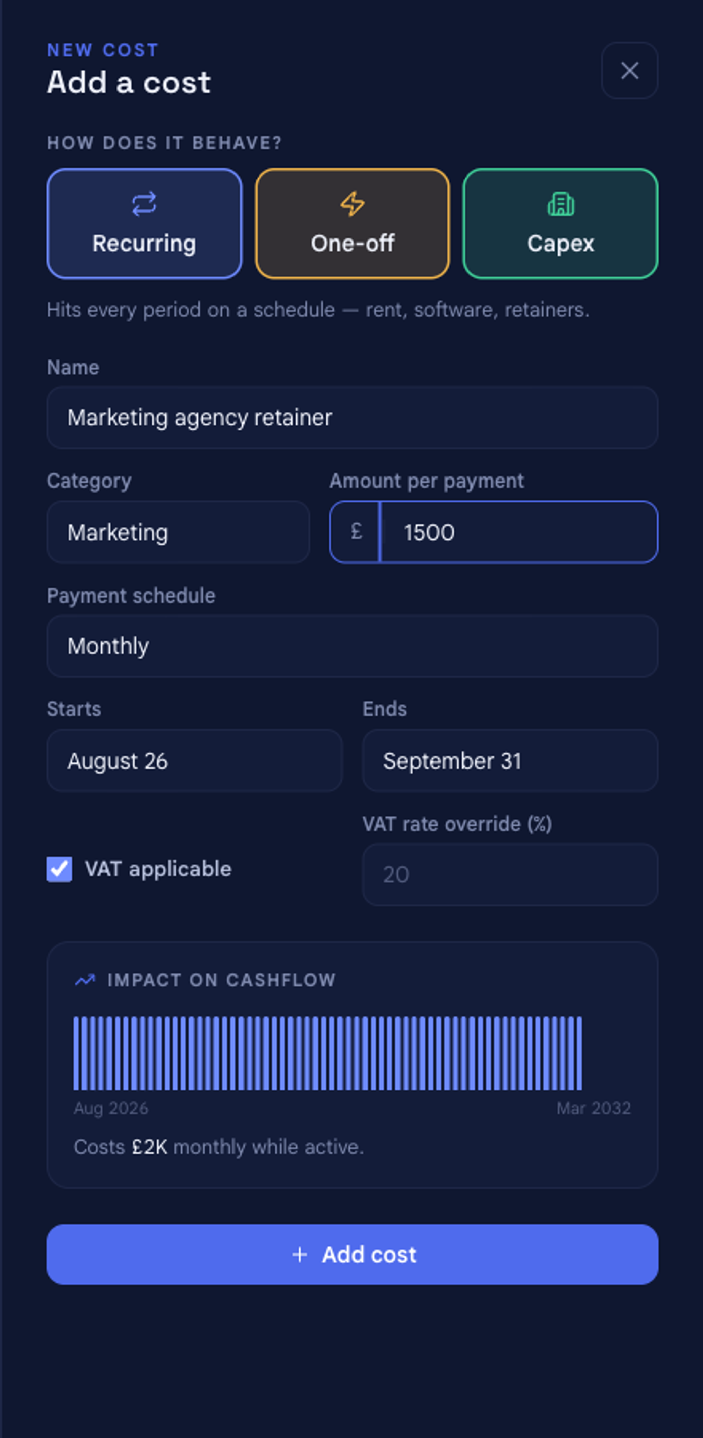 The Add a cost panel filled in for a recurring Marketing agency retainer of £1,500 per month, showing the live Impact on cashflow preview reading 