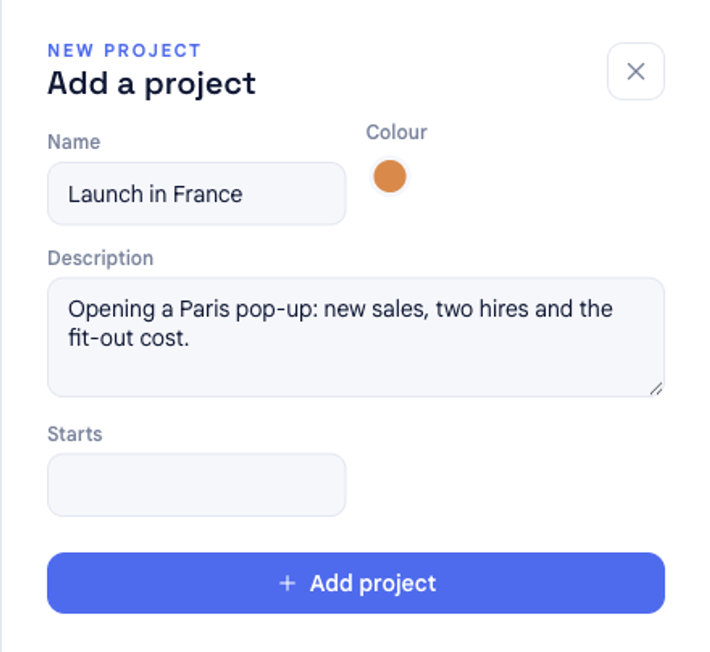 The Add a project panel in bluprnts with fields for name, colour, description and a start date, and an Add project button.