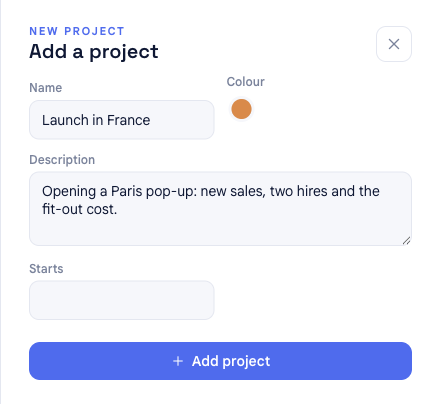 The Add a project panel in bluprnts with fields for name, colour, description and a start date, and an Add project button.