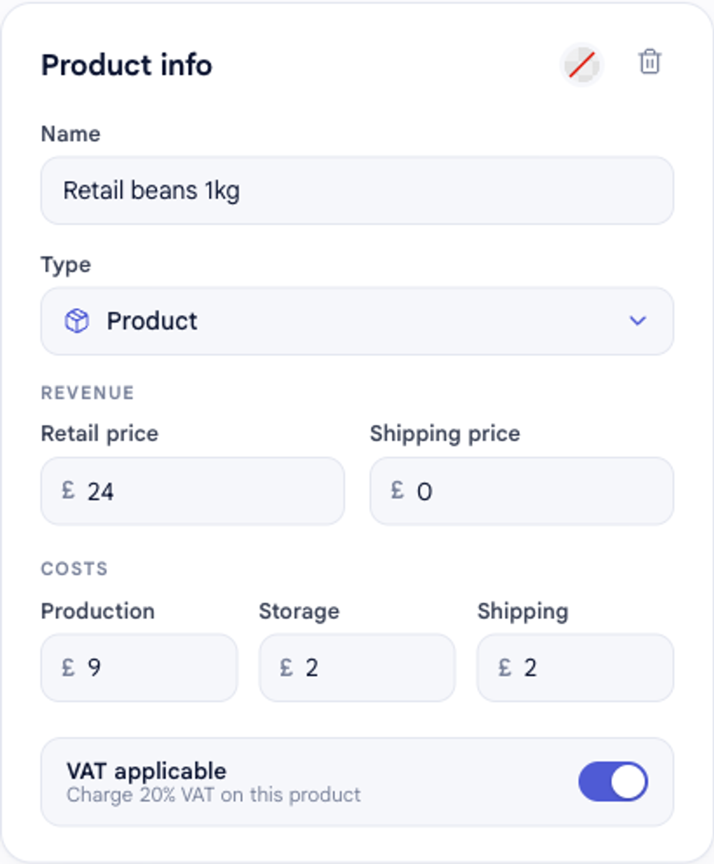 The Product info editor filled in for a Retail beans 1kg product: type Product, retail price £24, production £9, storage £2, shipping £2, with VAT applicable turned on.