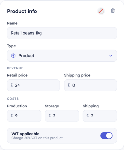 The Product info editor filled in for a Retail beans 1kg product: type Product, retail price £24, production £9, storage £2, shipping £2, with VAT applicable turned on.