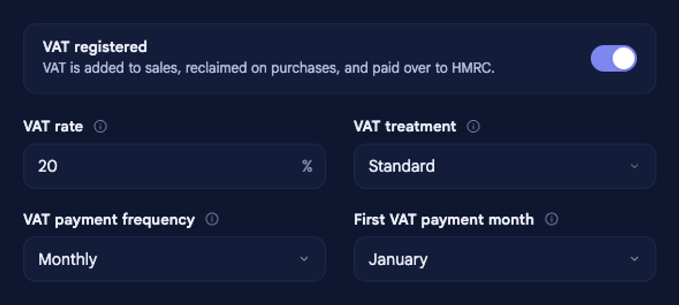 The VAT band of the Tax section in Company options, with VAT registered switched on and the VAT rate, VAT treatment, VAT payment frequency and first VAT payment month fields for Perch Coffee: 20%, Standard, Quarterly, March.