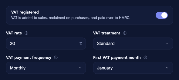 The VAT band of the Tax section in Company options, with VAT registered switched on and the VAT rate, VAT treatment, VAT payment frequency and first VAT payment month fields for Perch Coffee: 20%, Standard, Quarterly, March.
