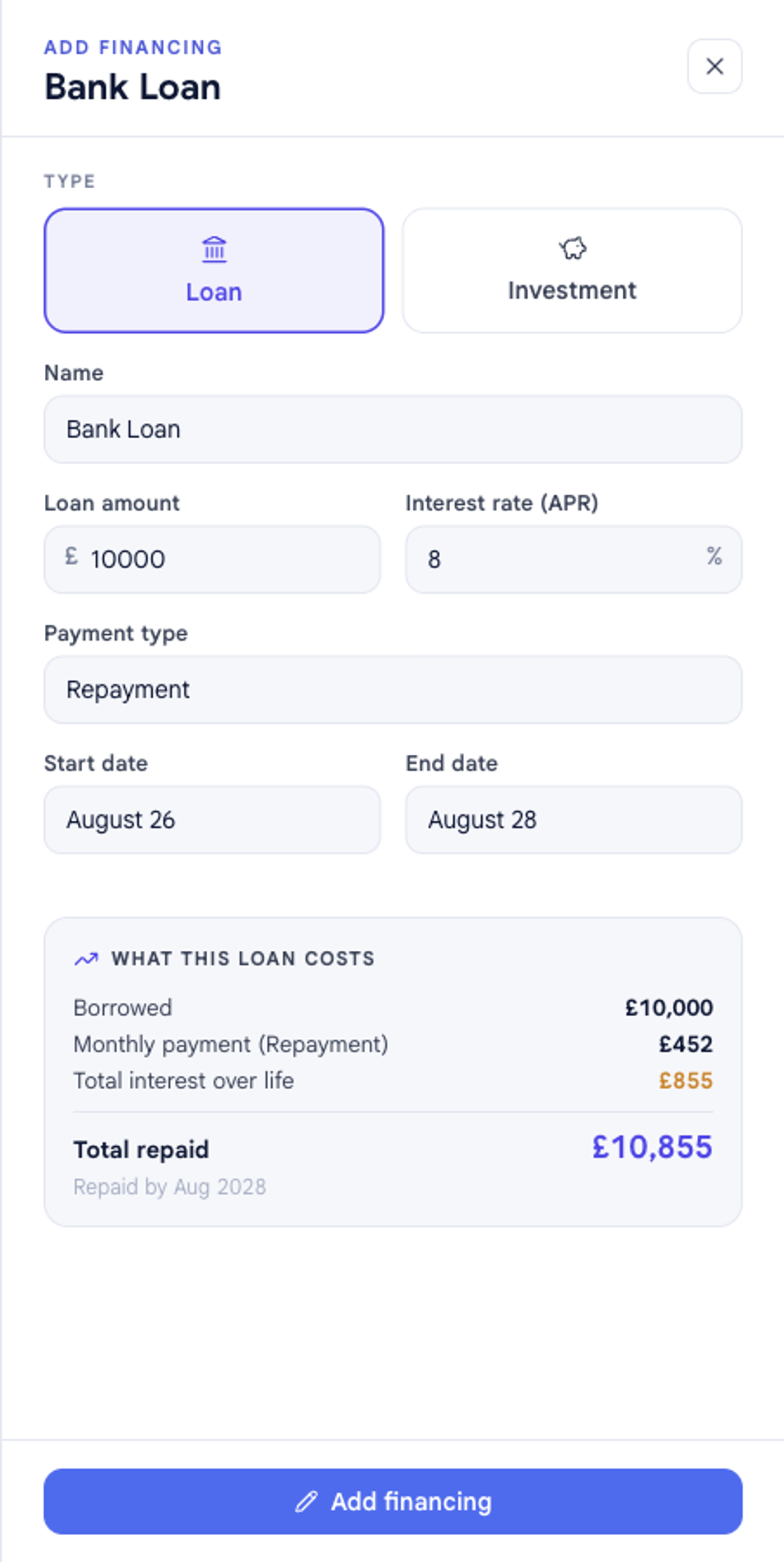 The Add financing panel in bluprnts with Loan and Investment type buttons at the top, set to Loan, showing fields for name, loan amount, interest rate, payment type and dates.