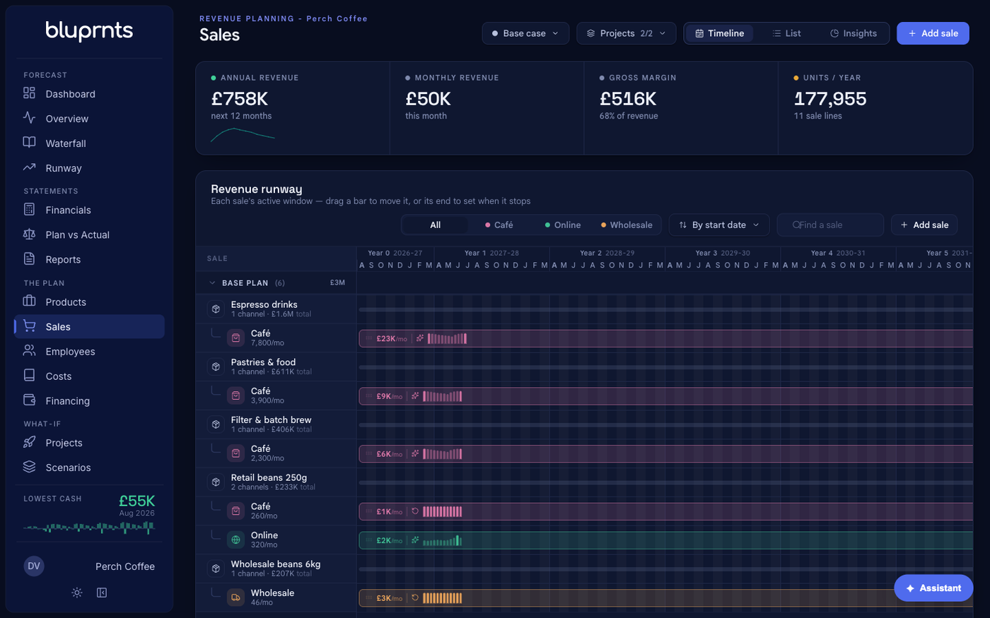 The Sales page in bluprnts showing annual revenue, monthly revenue, gross margin and units per year across the top, the Add sale button in the top right, and a revenue runway grouped by product and channel below.