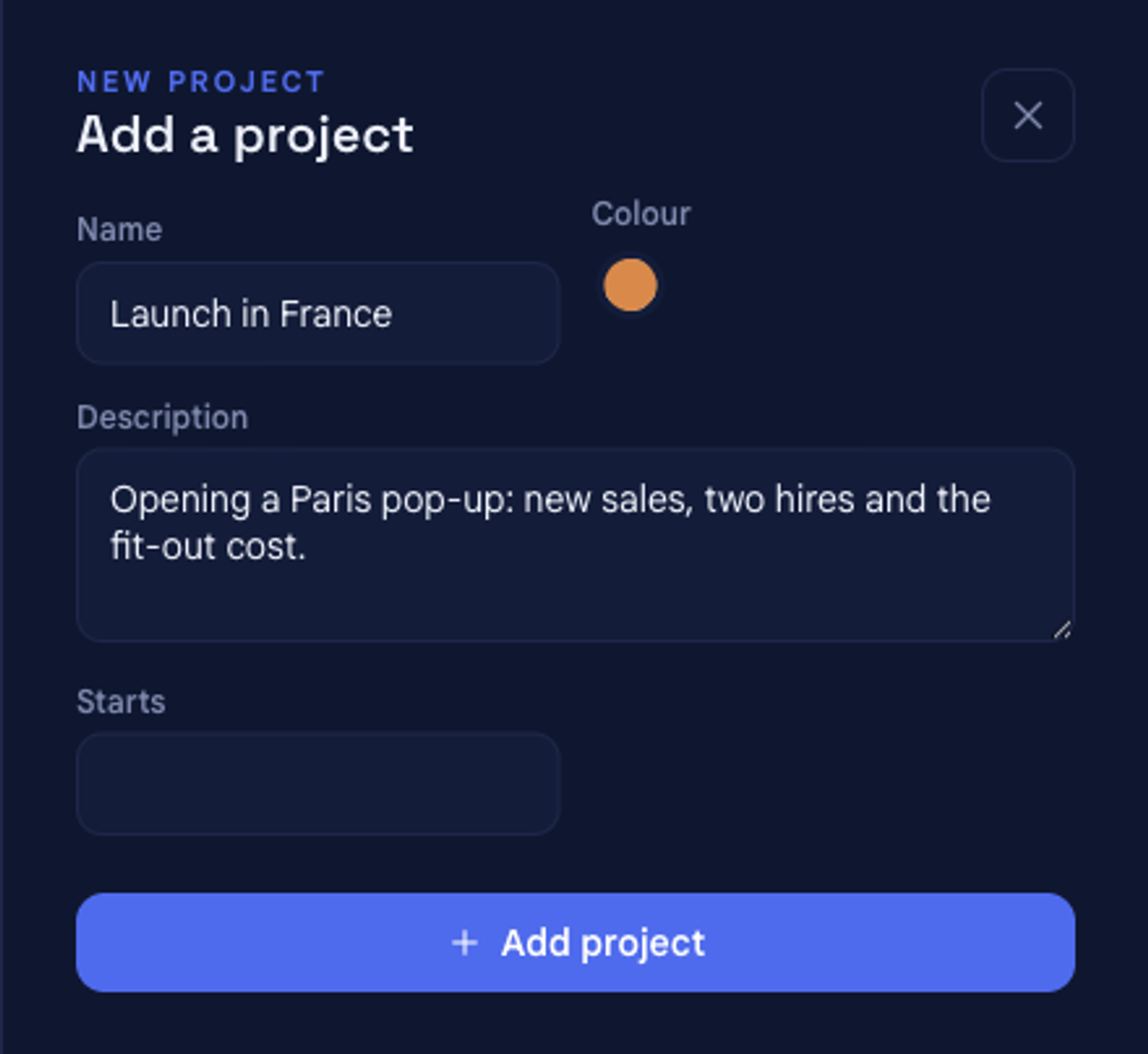 The Add a project panel in bluprnts with fields for name, colour, description and a start date, and an Add project button.