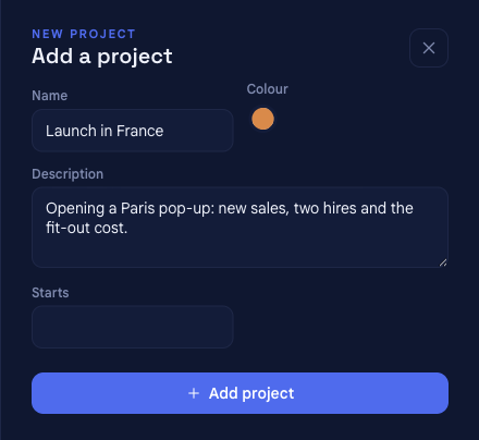 The Add a project panel in bluprnts with fields for name, colour, description and a start date, and an Add project button.
