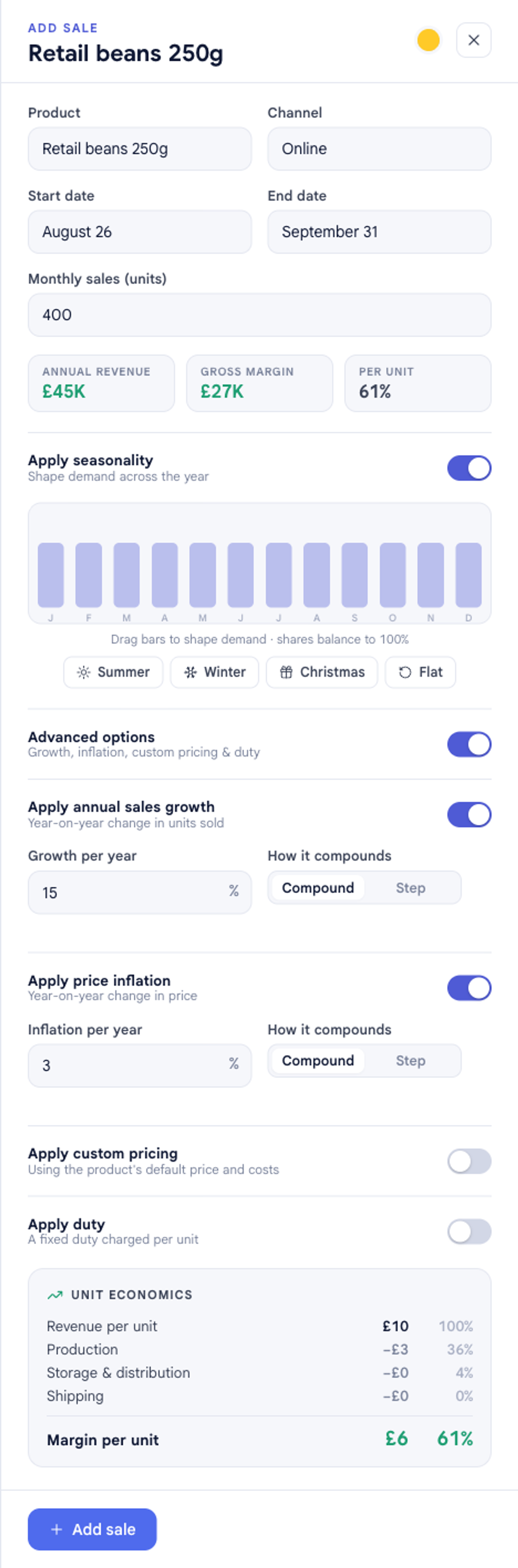 The Add sale panel with seasonality turned on showing twelve draggable monthly demand bars and presets, and advanced options showing 15% annual sales growth and 3% price inflation, each compounding.
