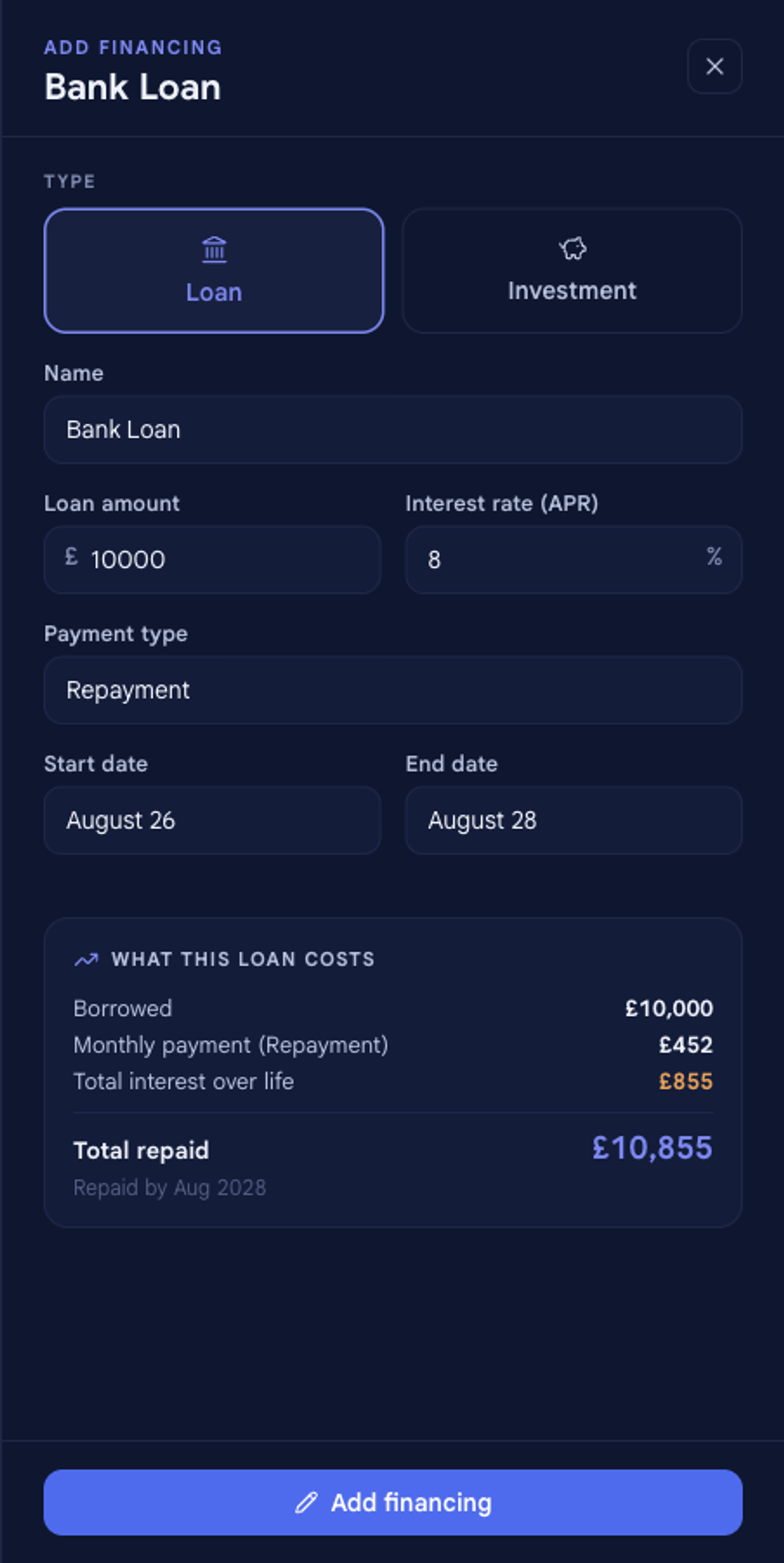 The Add financing panel in bluprnts with Loan and Investment type buttons at the top, set to Loan, showing fields for name, loan amount, interest rate, payment type and dates.