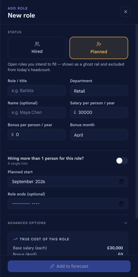 The Add role panel in bluprnts with the status set to Hired, and fields for role or title, department, name, salary, bonus, hiring schedule and start date.
