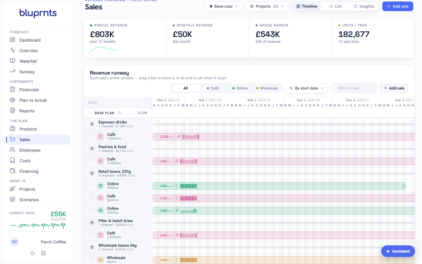 The Sales page in bluprnts showing annual revenue, monthly revenue, gross margin and units per year across the top, the Add sale button in the top right, and a revenue runway grouped by product and channel below.
