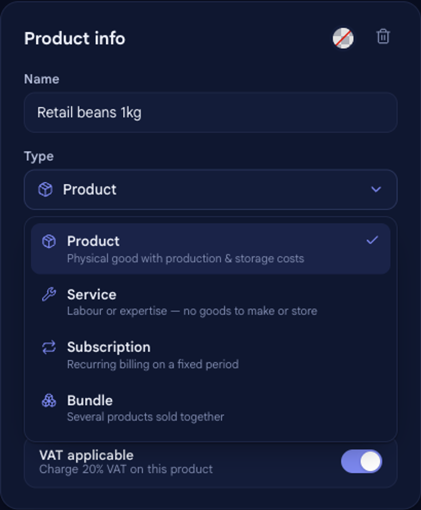The product Type picker open in bluprnts, showing four options — Product, Service, Subscription and Bundle — each with a one-line description of how it behaves.