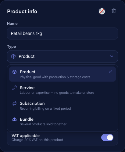 The product Type picker open in bluprnts, showing four options — Product, Service, Subscription and Bundle — each with a one-line description of how it behaves.
