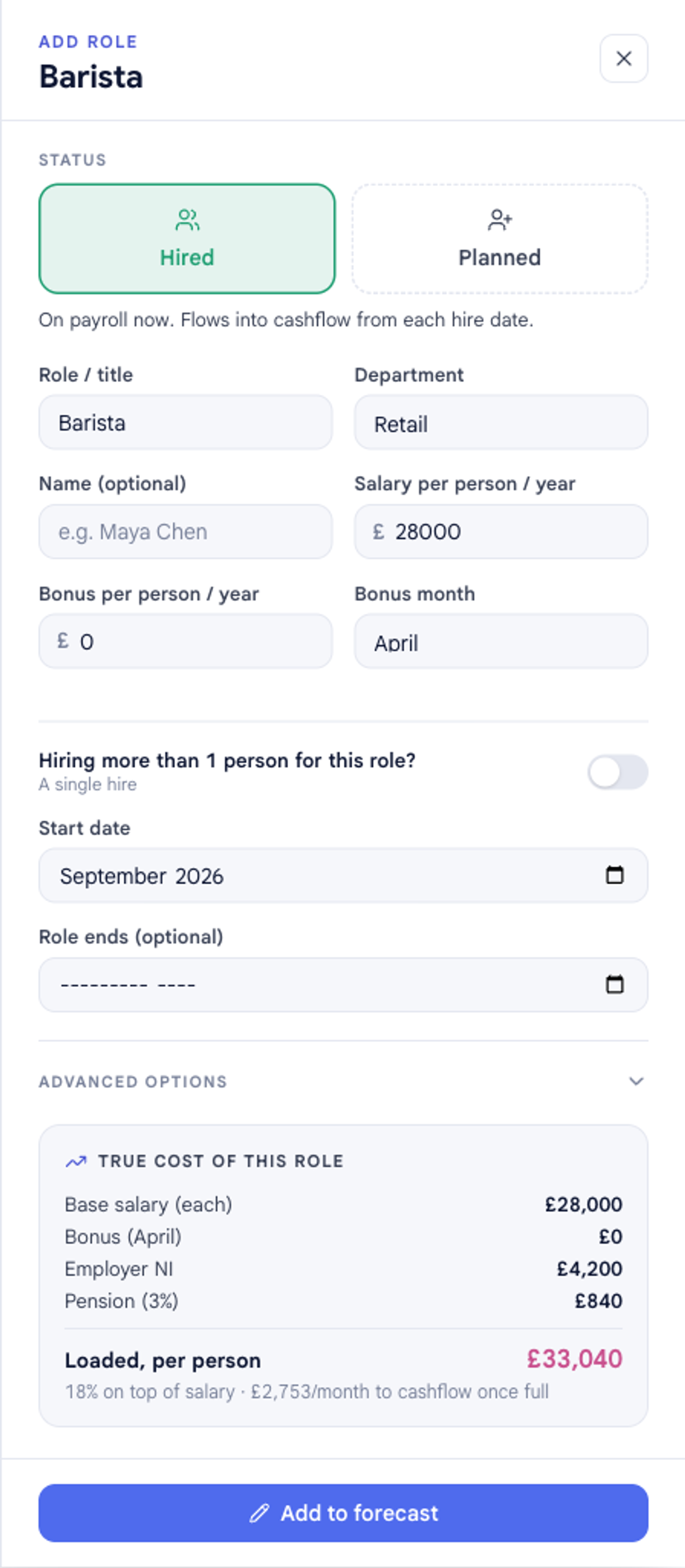 The Add role panel filled in for a hired Barista in Retail on a £28,000 salary, showing the True cost of this role panel: base salary £28,000, employer NI £4,200, pension £840, and a loaded cost of £33,040 per person.