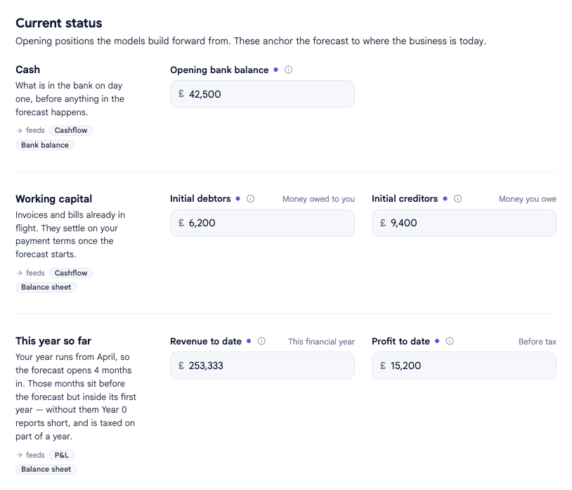 The Current status section of Company options in bluprnts, showing Cash (opening bank balance), Working capital (initial debtors and creditors) and This year so far (revenue and profit to date) for Perch Coffee, whose forecast opens four months into its financial year.