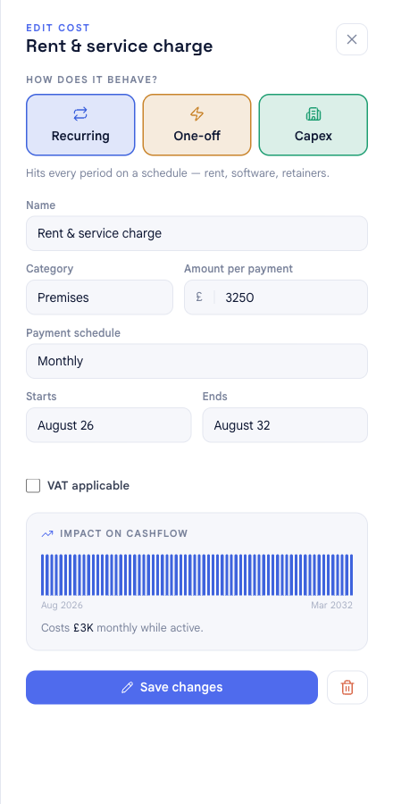 The cost panel reopened in EDIT COST mode for an existing