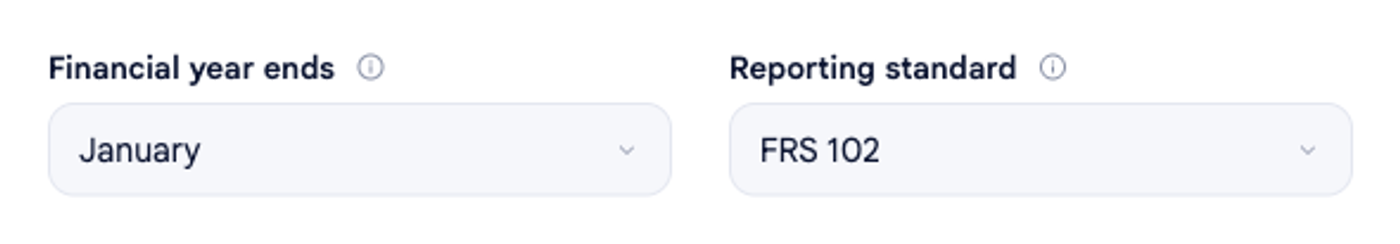 The Reporting standard field in the Forecast section of Company options, set to FRS 102 for Perch Coffee, alongside the Financial year ends field.