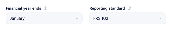 The Reporting standard field in the Forecast section of Company options, set to FRS 102 for Perch Coffee, alongside the Financial year ends field.