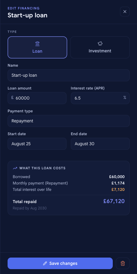 The financing panel reopened in EDIT FINANCING mode for an existing Start-up loan, with its values filled in, a Save changes button, and a delete (trash) button beside it.