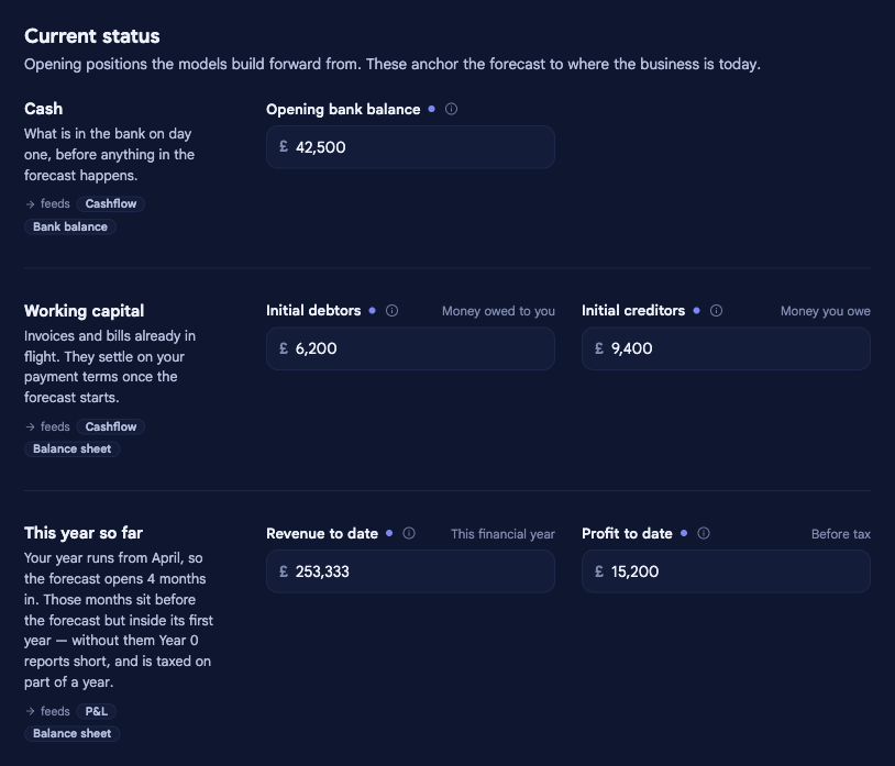 The Current status section of Company options in bluprnts, showing Cash (opening bank balance), Working capital (initial debtors and creditors) and This year so far (revenue and profit to date) for Perch Coffee, whose forecast opens four months into its financial year.