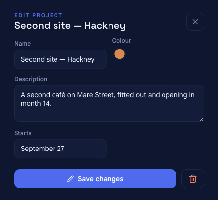 The project panel reopened in EDIT PROJECT mode in bluprnts, with the name, colour and description filled in, a Save changes button, and a delete (trash) button beside it.