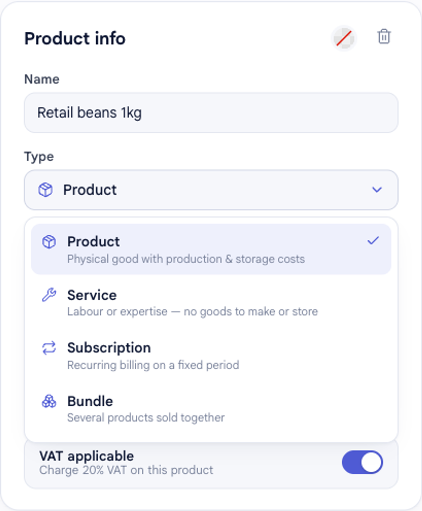 The product Type picker open in bluprnts, showing four options — Product, Service, Subscription and Bundle — each with a one-line description of how it behaves.