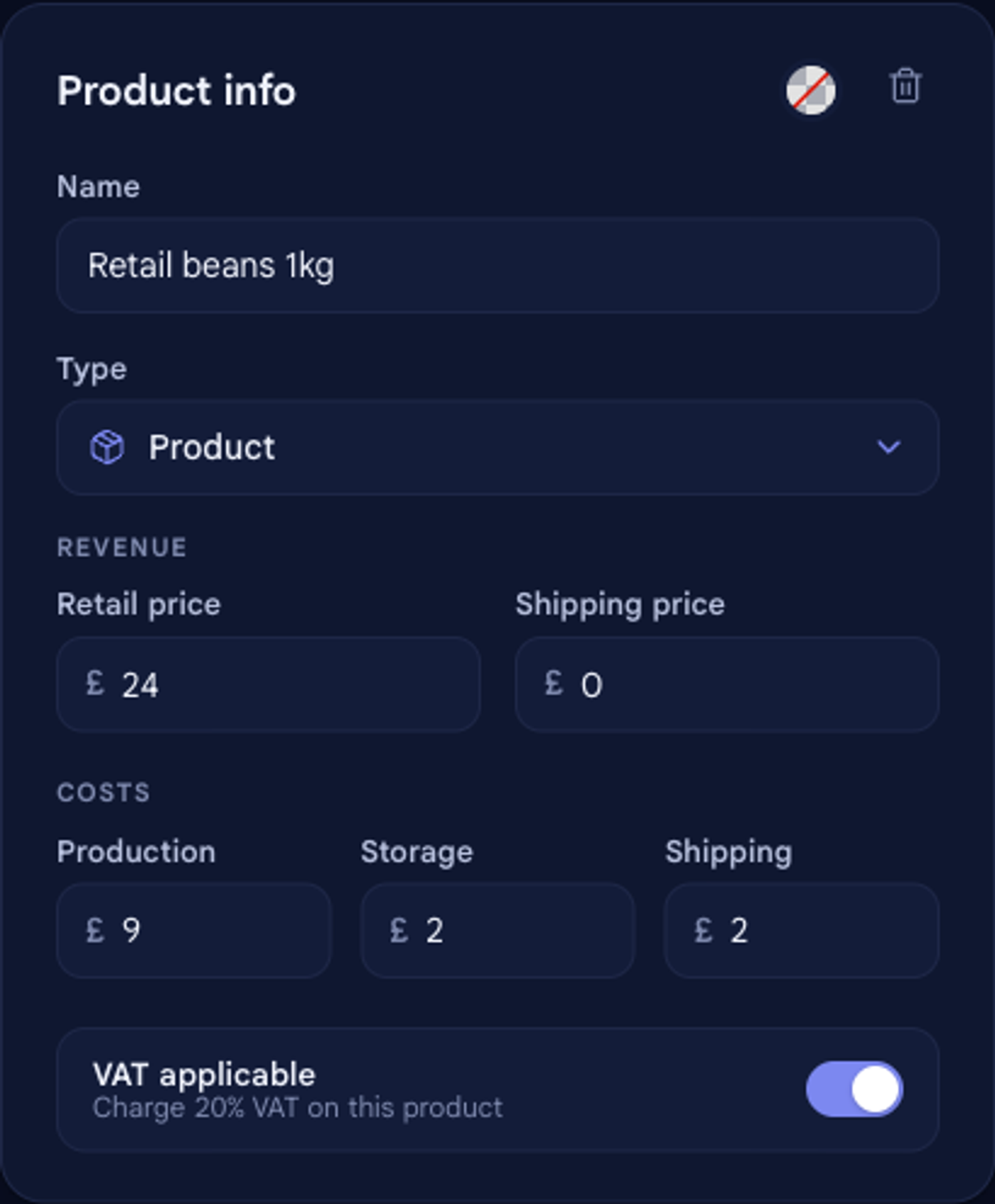 The Product info editor filled in for a Retail beans 1kg product: type Product, retail price £24, production £9, storage £2, shipping £2, with VAT applicable turned on.
