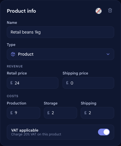 The Product info editor filled in for a Retail beans 1kg product: type Product, retail price £24, production £9, storage £2, shipping £2, with VAT applicable turned on.