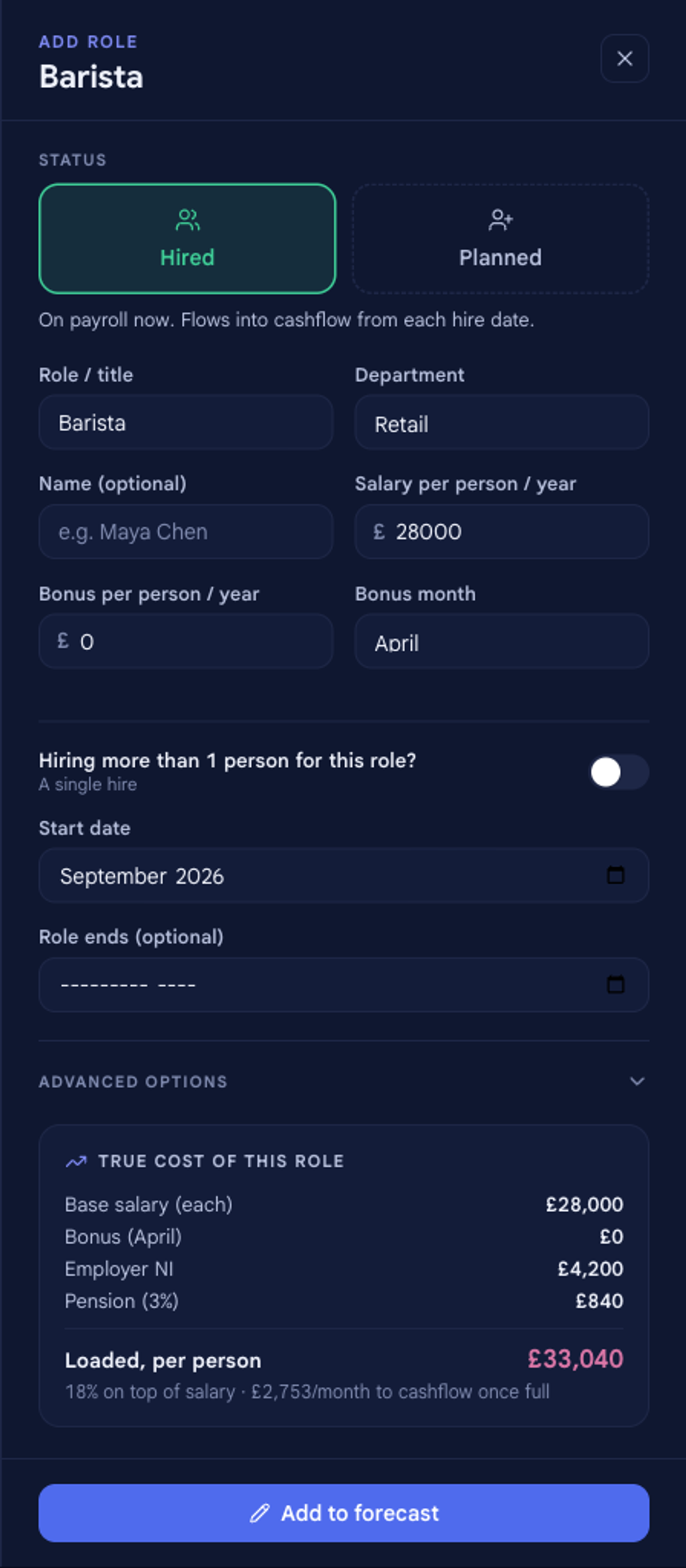 The Add role panel filled in for a hired Barista in Retail on a £28,000 salary, showing the True cost of this role panel: base salary £28,000, employer NI £4,200, pension £840, and a loaded cost of £33,040 per person.