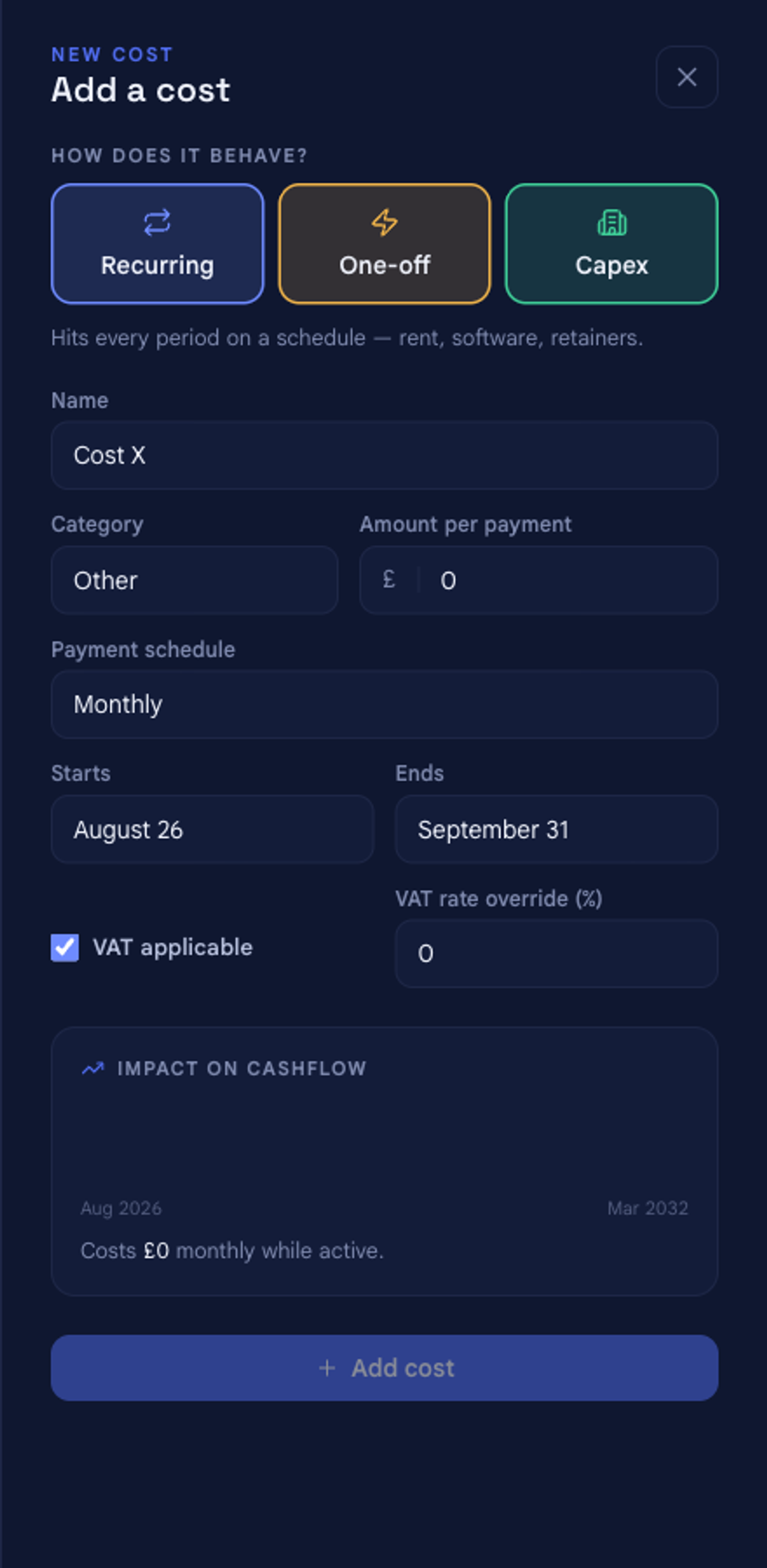 The Add a cost panel in bluprnts, open on the Recurring behaviour, with fields for name, category, amount per payment, payment schedule, start and end dates, and VAT.